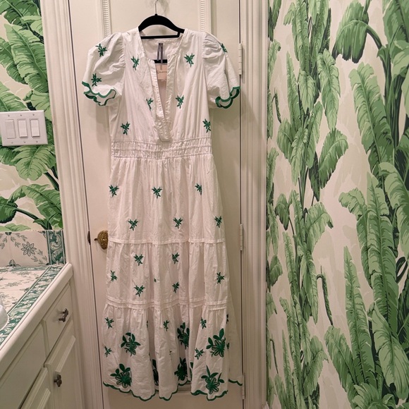 Anthropologie Somerset Collection White Maxi Dress with Green Embroidery - Picture 10 of 11